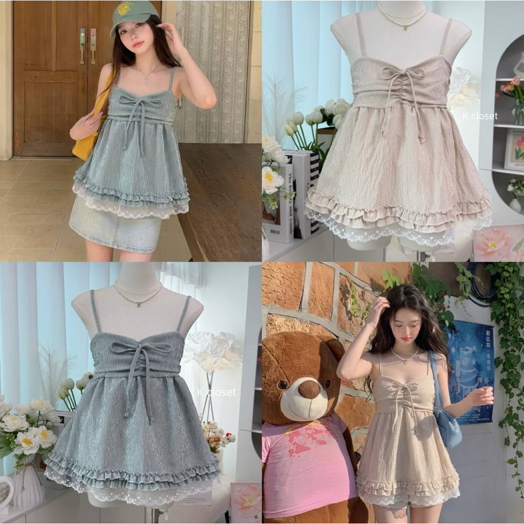 (อก28-38) เสื้อสายเดี่ยวผ้าย่น แต่งลูกไม้ระบายลูกไม้น่ารักมาก สาวอวบใส่ได้อกถึง 38 นิ้ว
