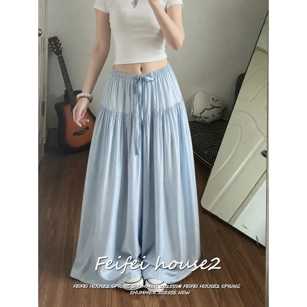 [Feifei-Solid color pleated trousers]กางเกงกระโปรงฤดูร้อนผ้าแห้งเร็วพับผ้าสายรัดเอวทรงหลวมสีทึบ