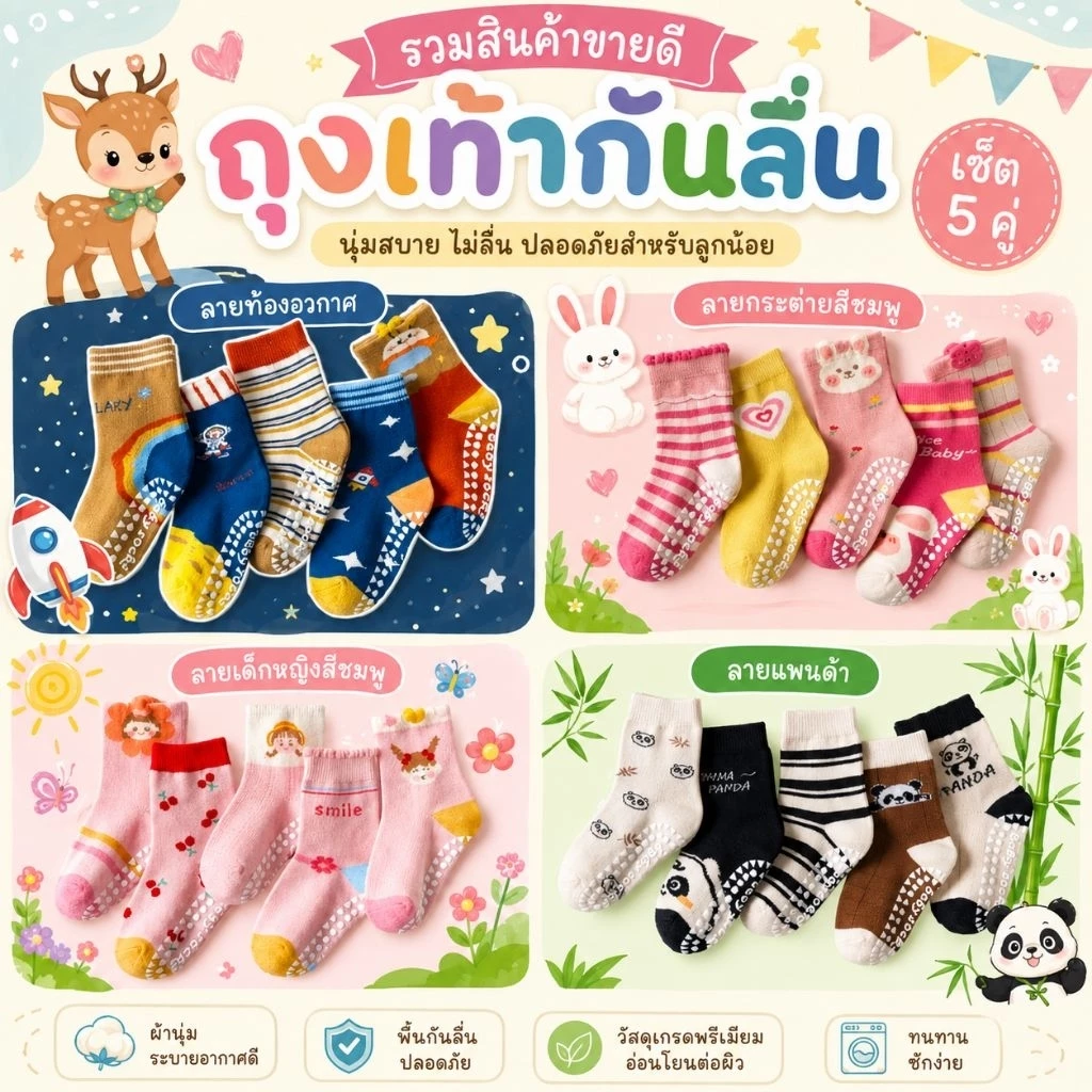 ❤️รวมแบบขายดี ❤️ ถุงเท้าเด็ก 1-6 ขวบ งานพรีเมี่ยม 1 ชุดมี 5 คู่ : Bambilis แบมบิลิส