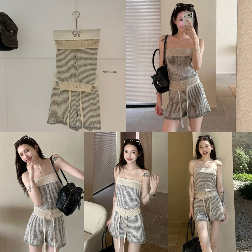 📍Pre📍10338# Set 2 pcs เสื้อเกาะอก + กางเกงขาสั้นเอวยางยืด ผ้าไหมพรมอย่างดี ยืด หยุ่นได้เยอะ TAG:WG.WE 🇰🇷