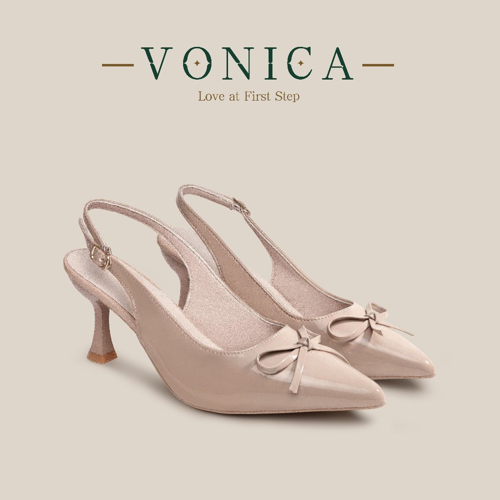 VONICA ส้นสูง 2 นิ้ว รองเท้าส้นสูงโบว์สีเนื้อปลายแหลม รองเท้าแตะผู้หญิง