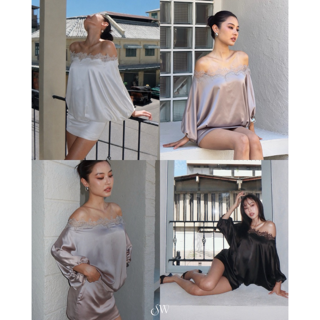 esme เช็ทเสื้อซาตินปาดไหล่มาพร้อมกระโปรง 🤍🍸