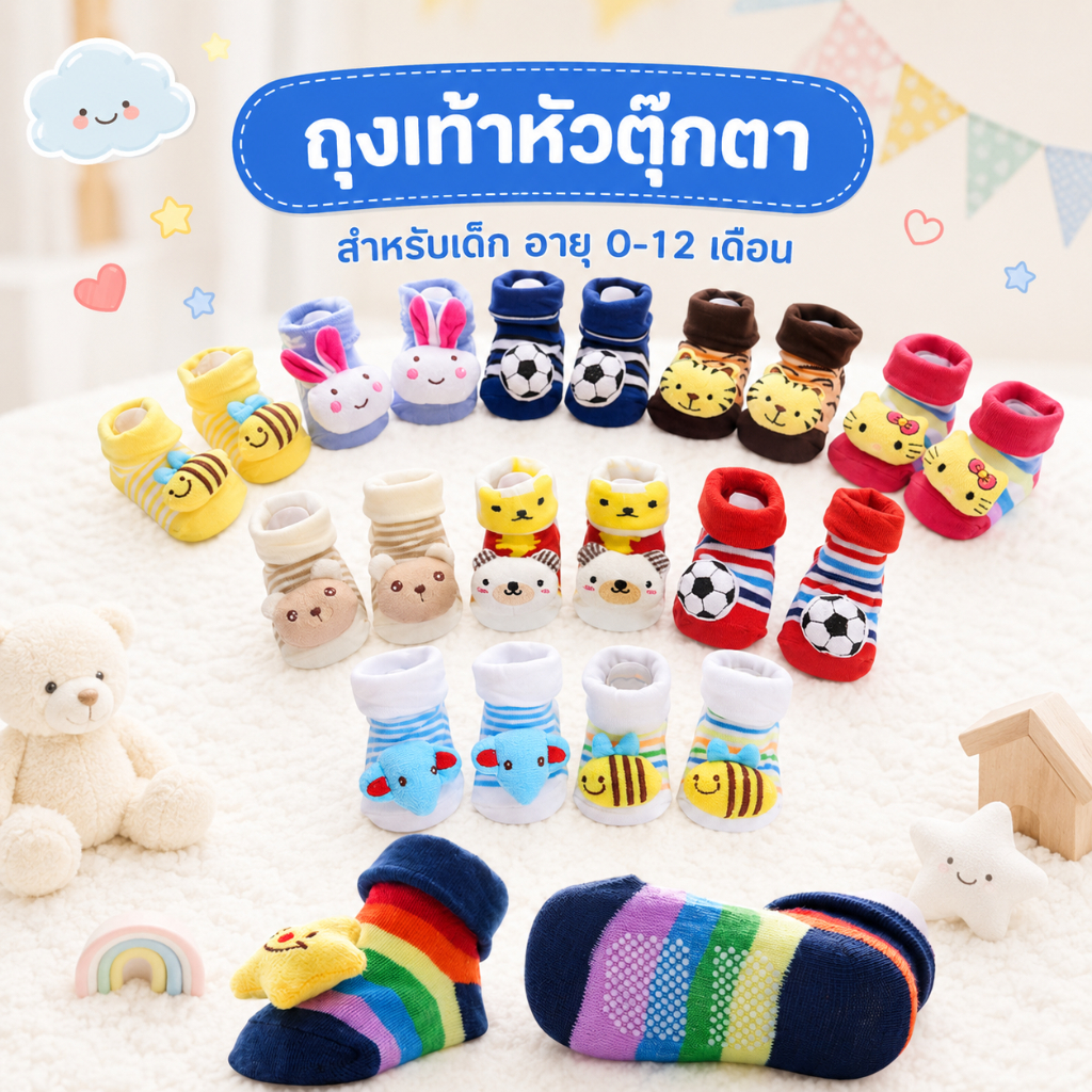 Royal kids ถุงเท้าเด็กอ่อน ถุงเท้าเด็กทารก Cotton ลายน่ารัก มีกันลื่นทุกคู่ ถุงเท้าขนาดฟรีไซส์ สำหรับเด็ก