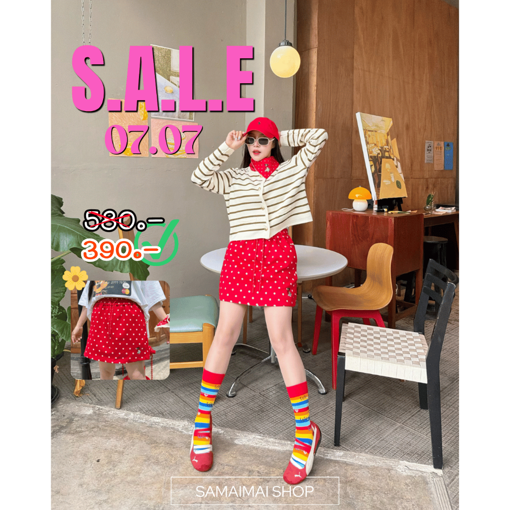 กระโปรงสั้น ลายจุดเอวยืด งานปักน้องหมา Collection แบรนด์แท้ร้านสมัยใหม่ #88001