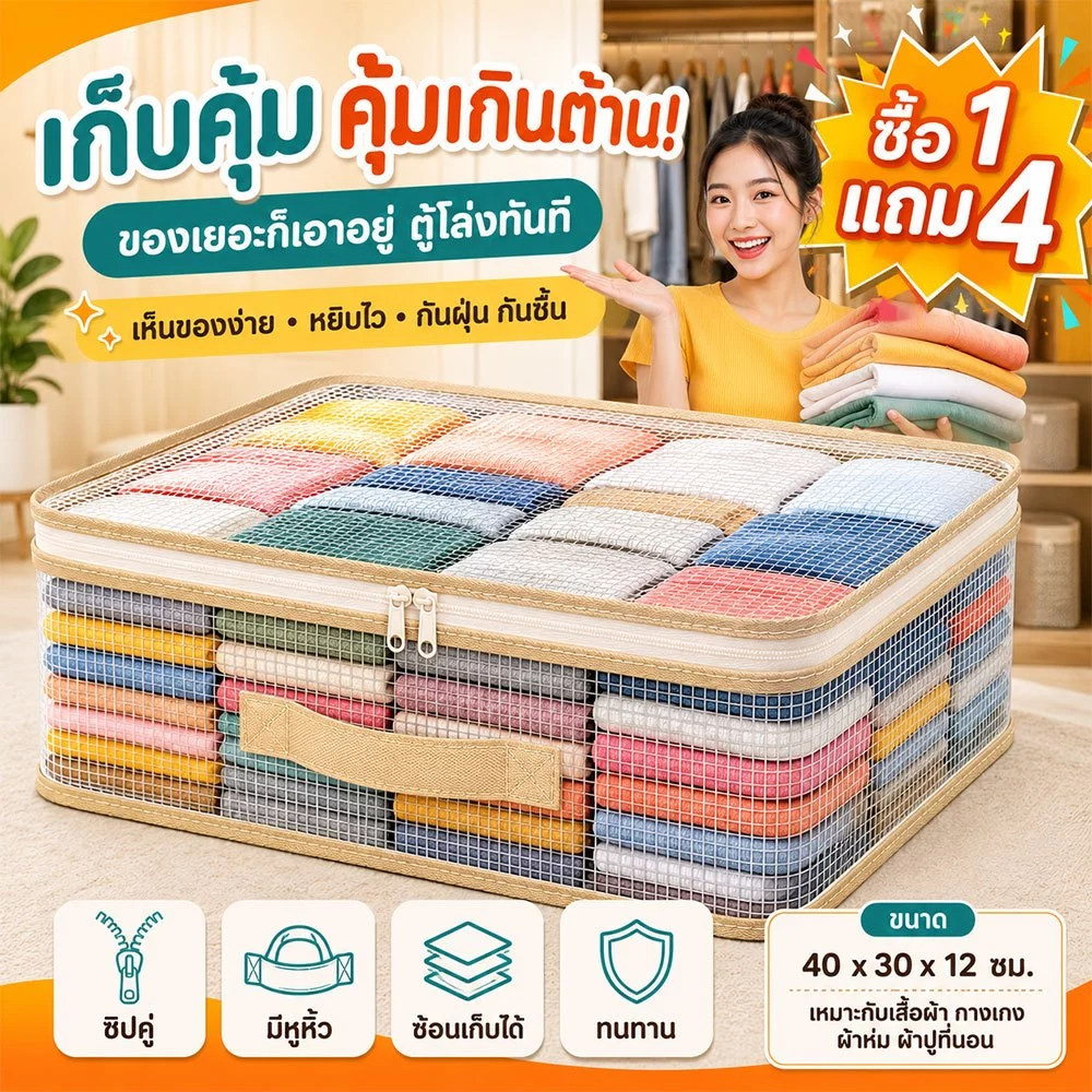 ซื้อ1แถม1 ถุงใส่เสื้อผ้า วัสดุPVCใส เก็บเสื้อผ้า ผ้านวม ผ้าห่ม มีซิป กันน้ำ กันฝุ่น หนาพิเศษ พับเก็บได้ ประหยัดพื้นที่