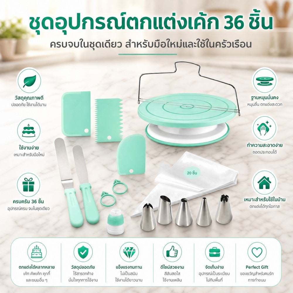 ชุดทำเค้ก 36 ชิ้น ชุดอุปกรณ์เบเกอรี่มือใหม่ วัสดุสแตนเลสปลอดภัย พร้อมมีดปาดครีม ที่ปาดครีม