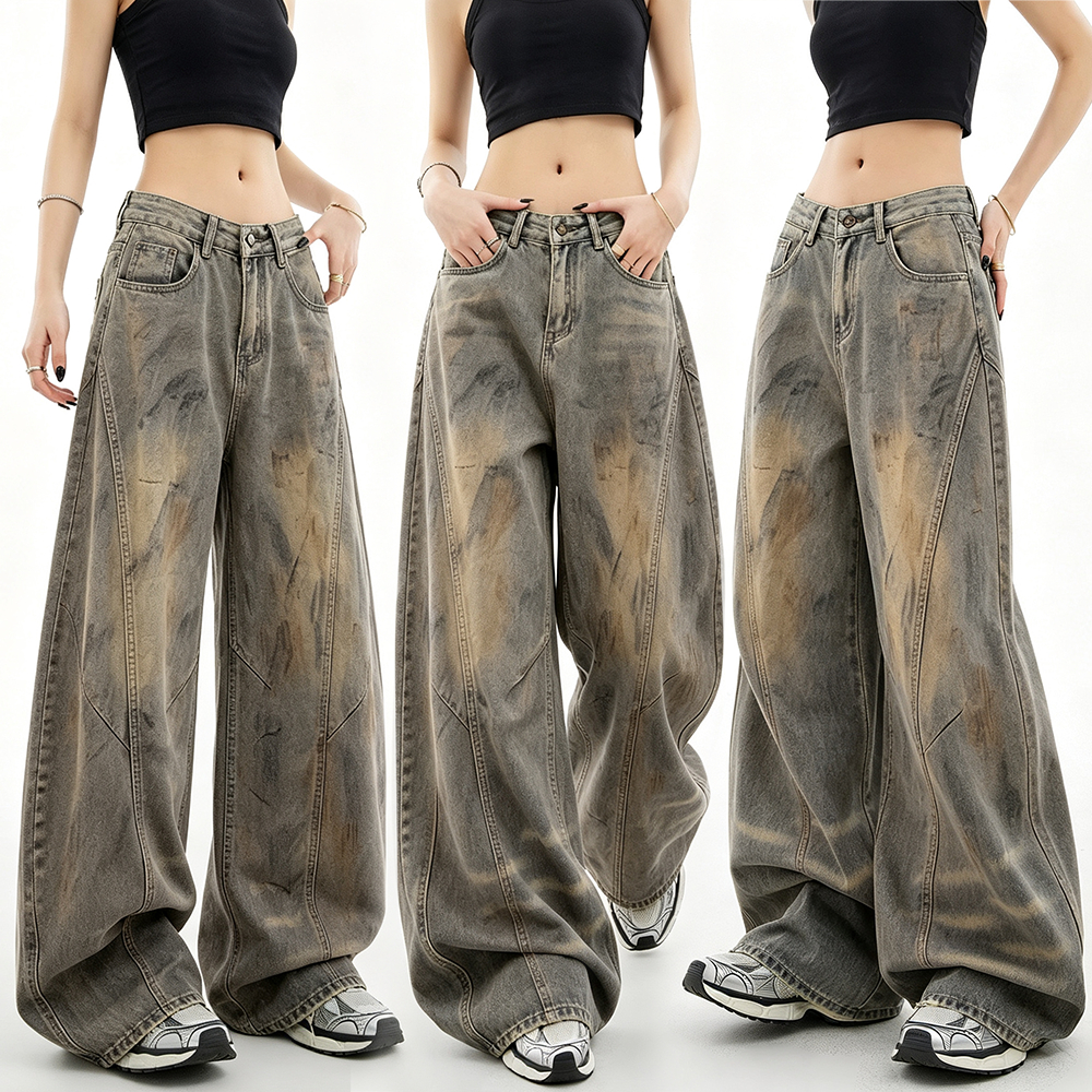 Plus Size~Baggy jeans RetroDenim กางเกงยีนส์ขากระบอกทรงหลวมสไตล์วินเทจย้อมสีโคลนเหลือง กางเกงขายาวลำลองเอวสูงทรงหลวม HOT