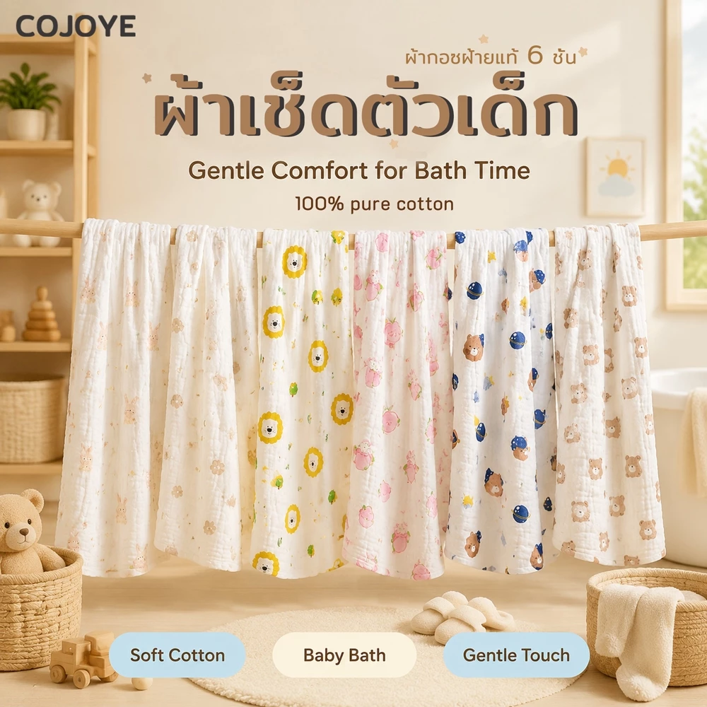 COJOYE ผ้าเช็ดตัวเด็ก ผ้าก๊อซฝ้ายแท้ ผ้าเช็ดตัวสำหรับเด็กแรกเกิด นุ่มพิเศษและซึมซับได้ดี ออกแบบมาเป็นพิเศษสำหรับเด็กทารก