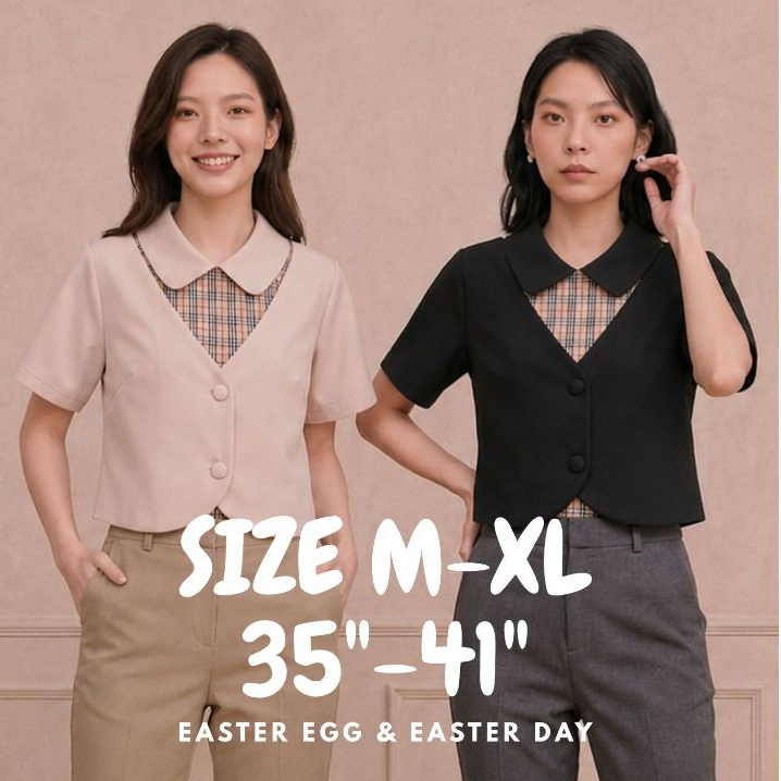A35 เสื้อคอปก แต่งผ้า 2 ชั้นลายสก็อต แต่งกระดุมเย็บติดกับตัวชุด เพิ่มความหรูหรา Easter Egg