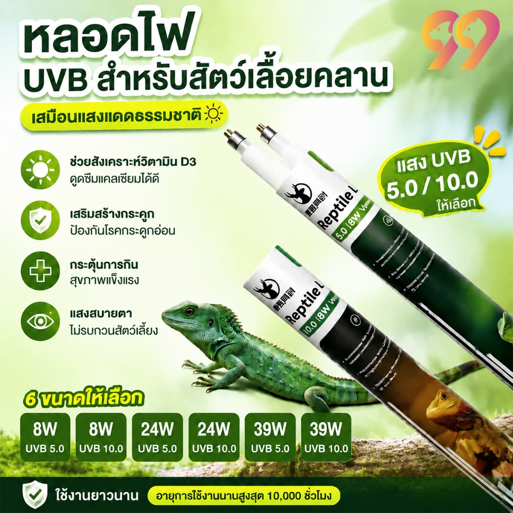 99Living หลอด UVB T5 ซื้อ 1 แถม 1 จำลองแสงแดดธรรมชาติ สำหรับเต่า กิ้งก่า อิกัวน่า หลายกำลังไฟ