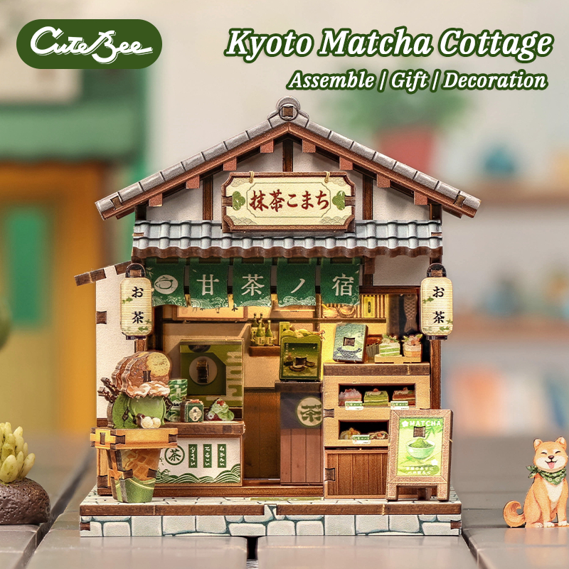 CUTEBEE Kyoto Matcha Cottage ร้านชาเขียวเกียวโต DIYไม้ขนาดเล็ก ของตกแต่งโต๊ะทำงาน ของขวัญอนิเมะ สไตล์เซน
