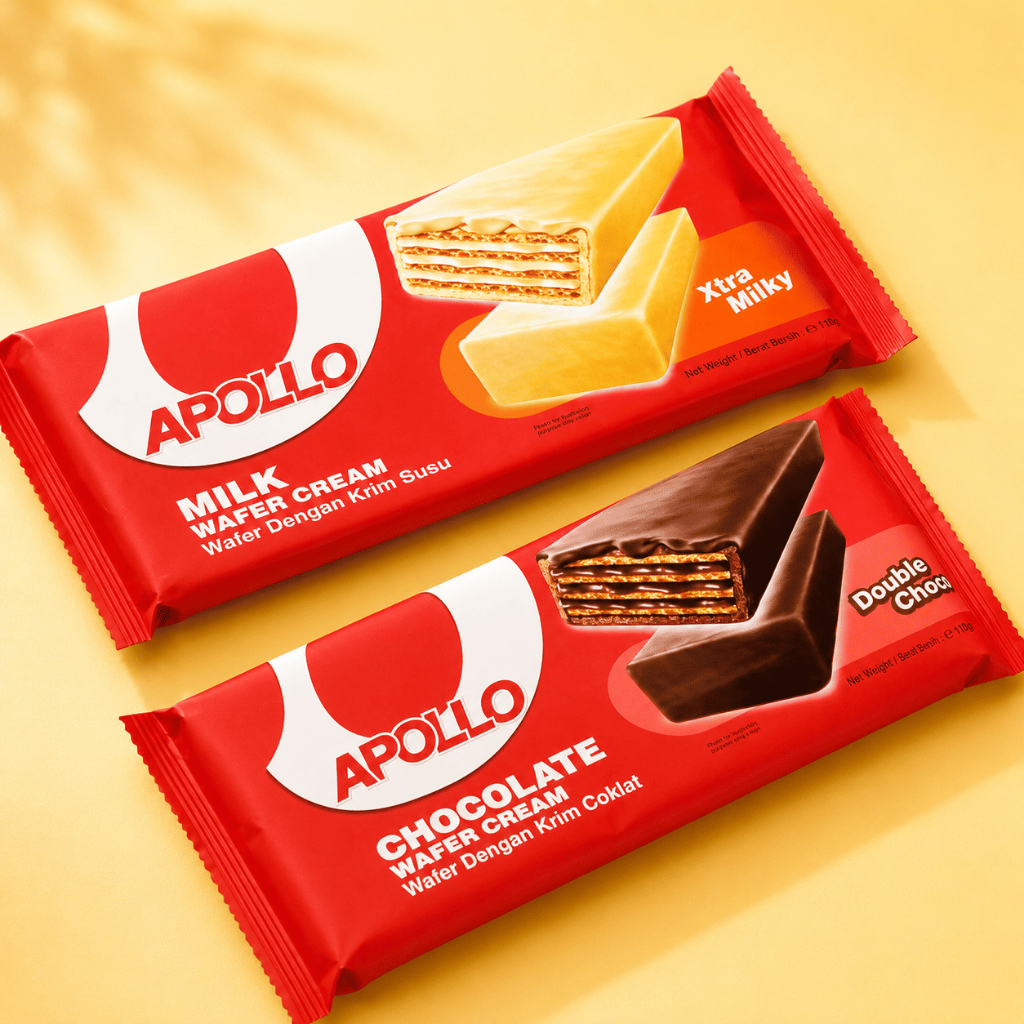อพอลโล่เวเฟอร์ดับเบิ้ลช็อกโกแลตและนม Apollo Chocolate Wafer ขนมช็อกโกแลตอร่อย หอมหวาน พรีเมียมเต็มคำ 6 ชิ้น 2 รสชาติ