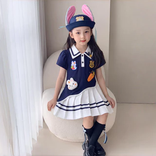PRINCESS KESLI 1-9 ปี ชุดเดรสสาว เดรสโปโลเด็กผู้หญิง กระต่าย กระโปรงจีบสีขาว ผ้านิ่มใส่สบาย สไตล์น่ารัก ชุดเด็ก