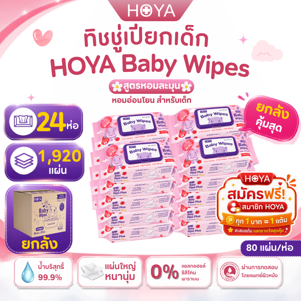 (มีน้ำหอม ยกลัง24ห่อ)HOYA ทิชชู่เปียก baby Wipes Plus 80แผ่น/ห่อ สูตรมีกลิ่นหอม อ่อนโยน ต่อเด็ก
