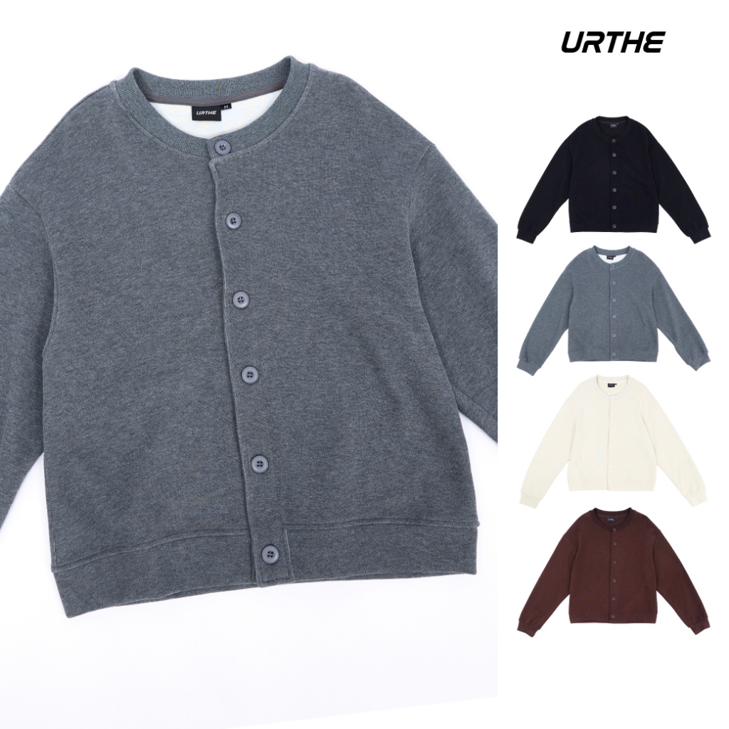 URTHE - เสื้อคาร์ดิแกน แขนจั๊ม รุ่น MINIMAL RIBBED ROUND NECK CARDIGAN