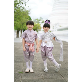 ชุดไทยเด็ก ม่วงมณี คู่ชายหญิง ผ้าไหมเทียม ชุดไทยประยุกต์เด็ก ใส่งานบุญ งานแต่ง วันลอยกระทง