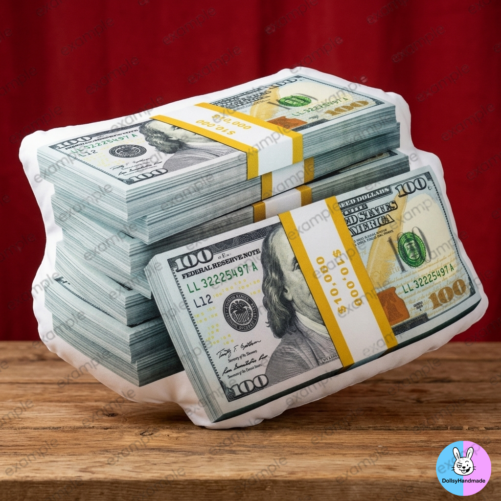 หมอนอิงลายกองมัดธนบัตร 100 ดอลลาร์สหรัฐ หมอนไดคัท 3D USD ของแต่งห้อง ของขวัญ แต่งบ้าน - MYGDA33