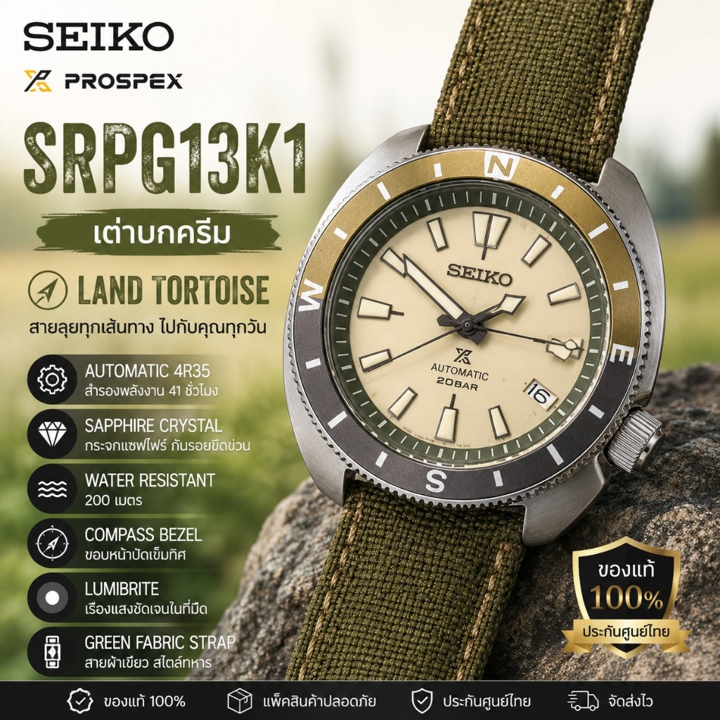 SEIKO Prospex SRPG13K1 เต่าบกครีม Land Tortoise หน้าปัดครีม สายผ้าเขียว Automatic 4R35 Sapphire 200M