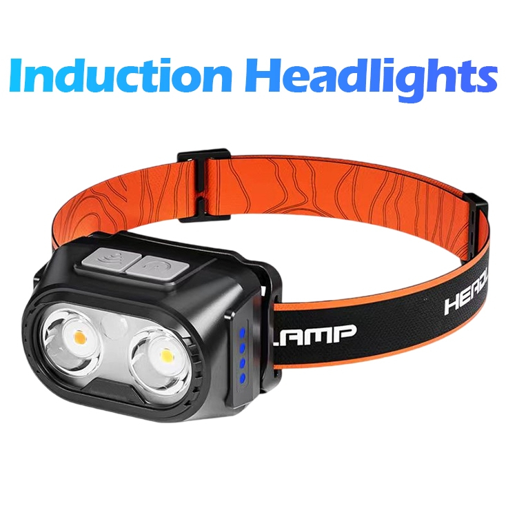 ไฟฉายคาดหัว LED กันน้ำ ชาร์จใหม่ได้ ไฟฉายคาดหัว ควบคุมโบกมือ ระยะไกล แสงสีขาว/สีแดง/สีเหลือง