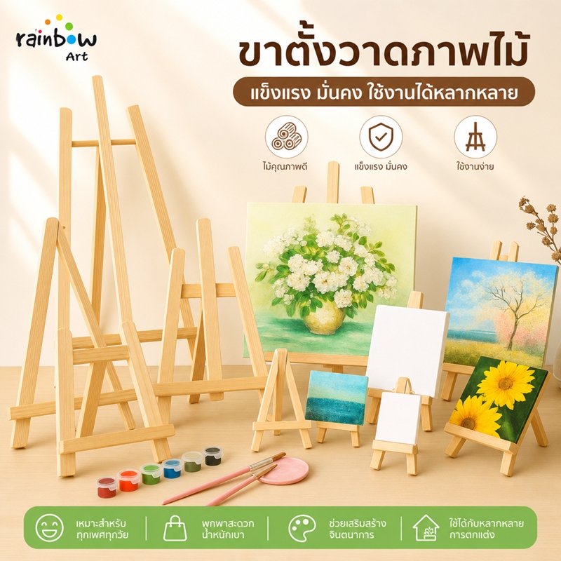 หัวข้อขายดี ขาตั้งรูปสามเหลี่ยมไม้ธรรมชาติ พับเก็บได้พกพาง่าย ขาตั้งวาดรูป เขียนพุทธศิลป์ ขาตั้งมือถือ Mini Tripod Easel