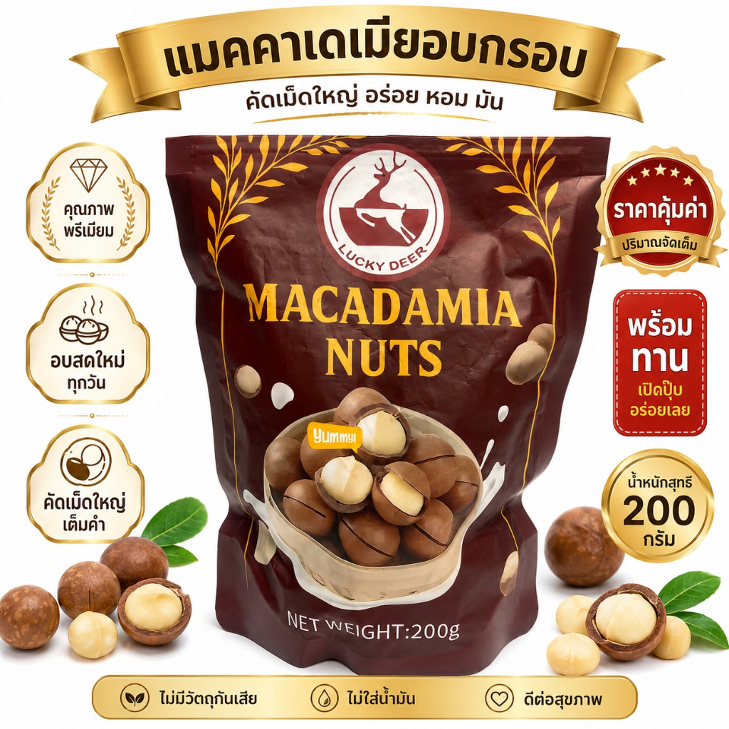 แมคคาเดเมีย 200g ถั่วแมคคาเดเมียอบกรอบ พร้อมทาน แถมที่เปิดเปลือก ขนมทานเล่น ส่งฟรี