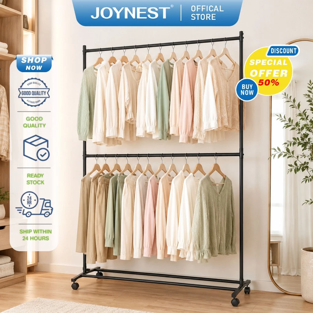 JOYNEST วัสดุโลหะคาร์บอนสตีล ราวตากผ้า 2 ชั้น 200CM ล้อเลื่อนที่สามารถเคลื่อนย้ายได้ เพิ่มความสามารถในการซักผ้าชั่วคราว