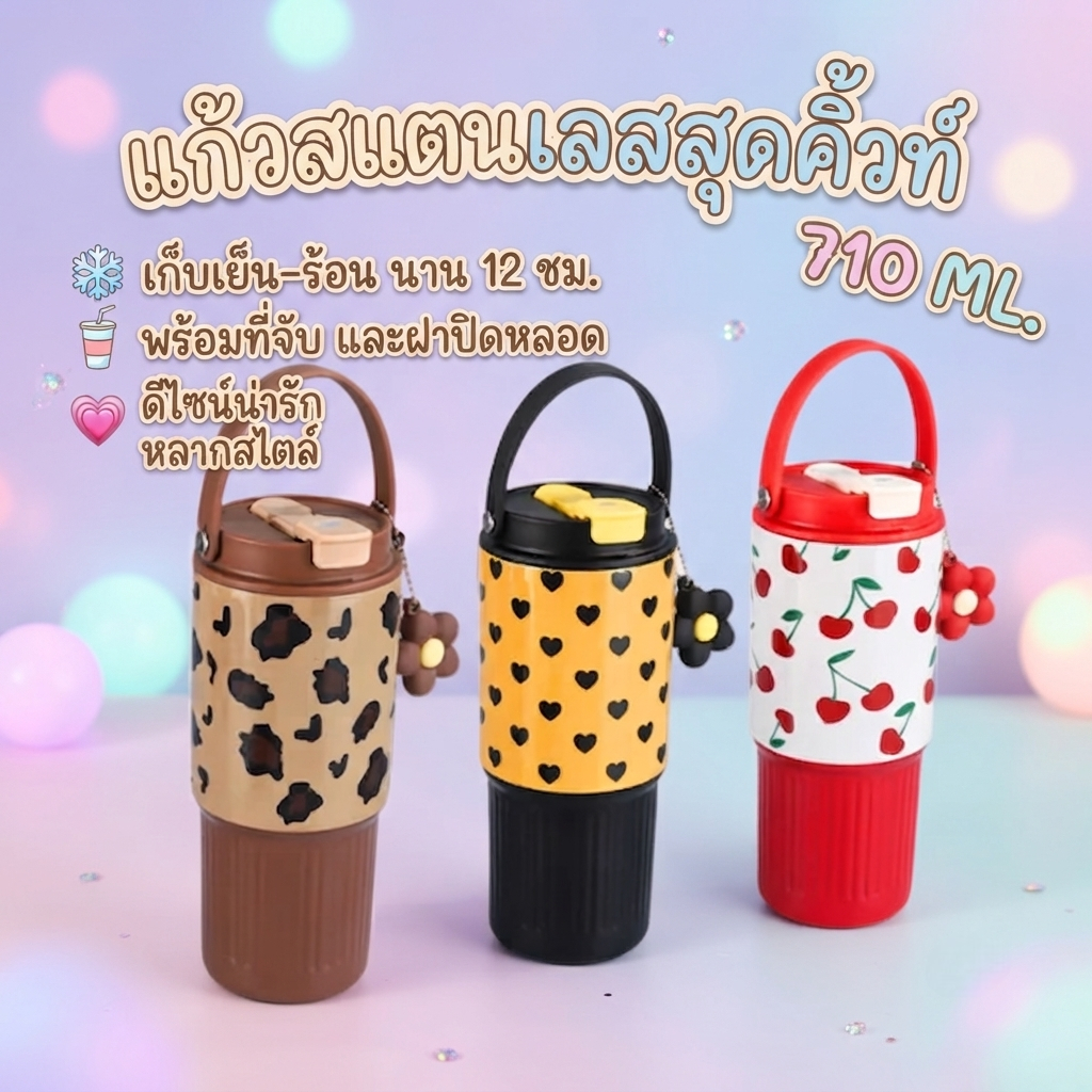 แก้วน้ำพกพา 710ml เก็บอุณหภูมิ สแตนเลส SUS316 พร้อมหลอด หูหิ้ว กันรั่ว เหมาะเรียน ทำงาน ออกกำลังกาย