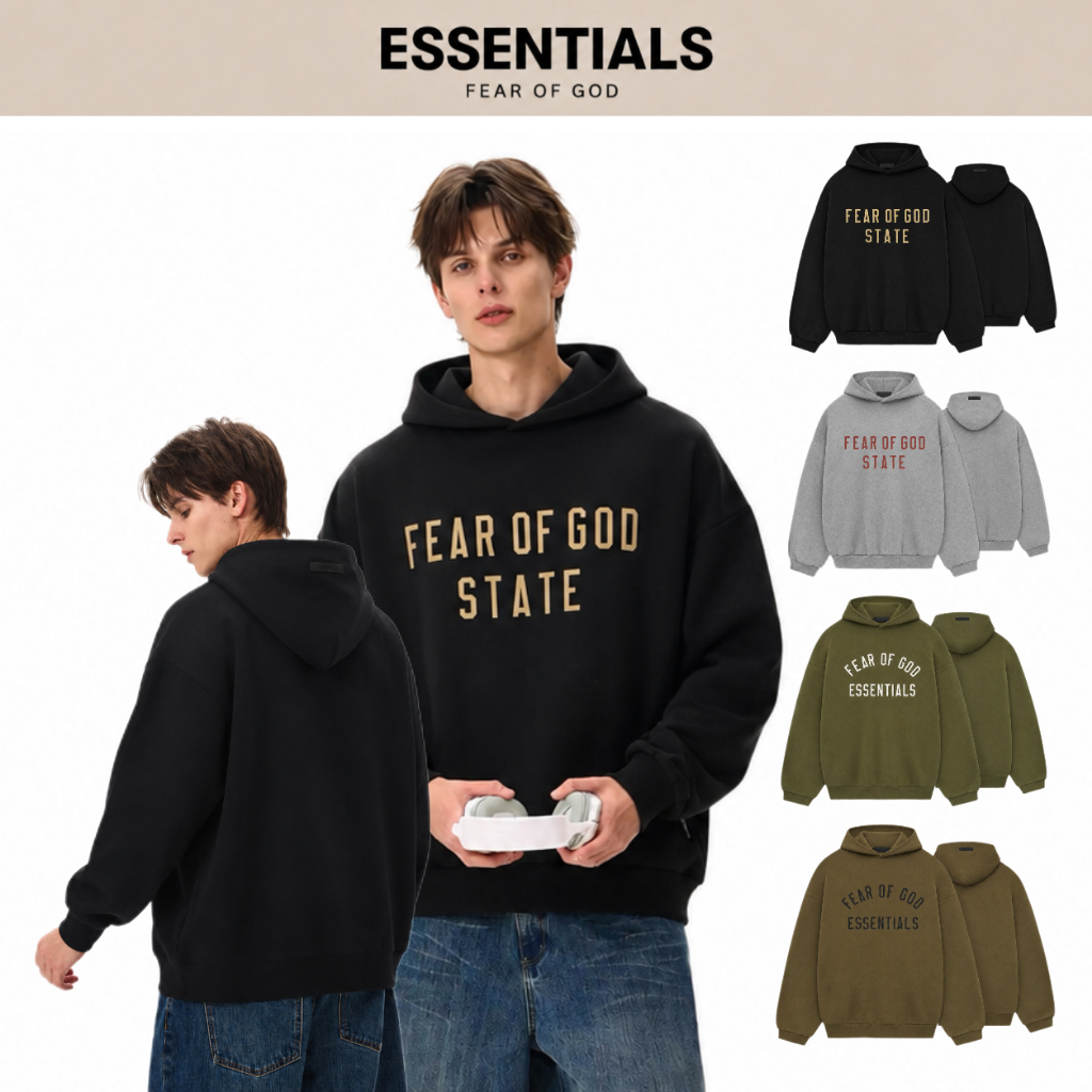 100% Authentic Fear of God Essentials Fall 24 Black Oversized Hoodie Unisex Casual Streetwear Pullov