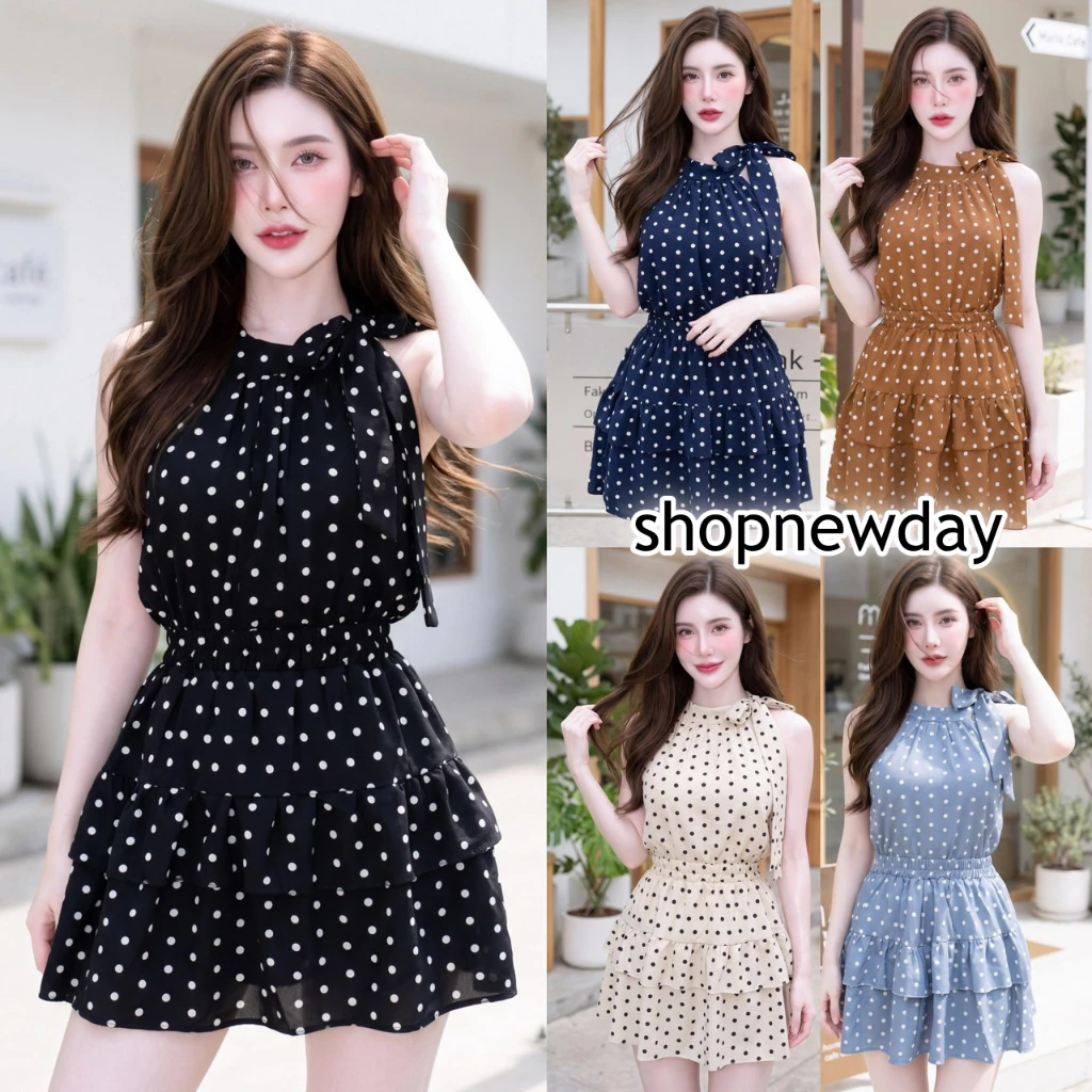 ชุดเซตกระโปรง แฟชั่น ผ้าไหมอิตาลี (Polka Dot) เสื้อแขนกุดผูกโบว์ข้าง กระดุมหลัง พร้อมซับใน+กระโปรงพร้อมซับในกางเกง A8400