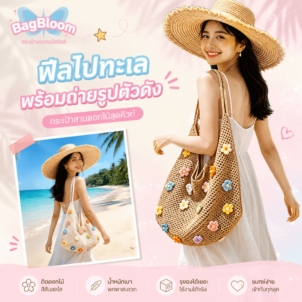 พร้อมส่ง กระเป๋าถักไปทะเล ลายดอกไม้ จุของได้เยอะ พร็อบถ่ายรูปสวยมาก สไตล์เกาหลี วันหยุดพักผ่อน