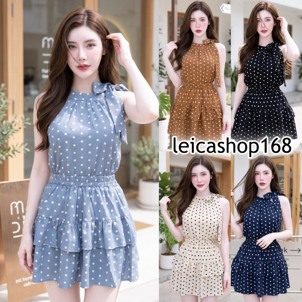 สินค้าพร้อมส่ง ชุดเซตกระโปรง ผ้าไหมอิตาลี (Polka Dot) เสื้อแขนกุดผูกโบว์ข้าง กระดุมหลัง พร้อมซับใน+กระโปรงพร้อมซับใน