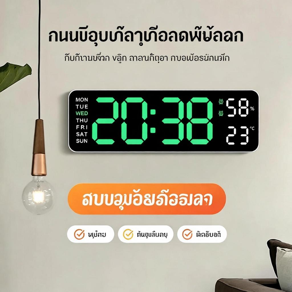 นาฬิกาดิจิตอลติดผนัง นาฬิกาดิจิตอล นาฬิกาแขวนผนัง LED แบบติดผนัง มีไฟแบ็คไลท์ Ledแสดงวันที่ อุณหภูมิ
