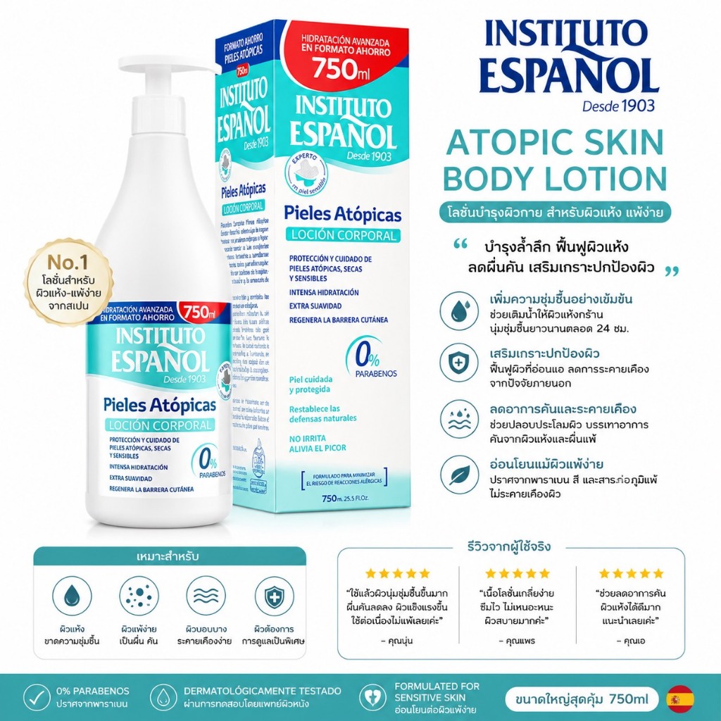 ฉลากไทย Instituto Espanol Atopic Skin Body Lotion ขนาด 750ml สูตรเพื่อผิวบอบบาง แพ้ง่าย ภูมิแพ้ผิว