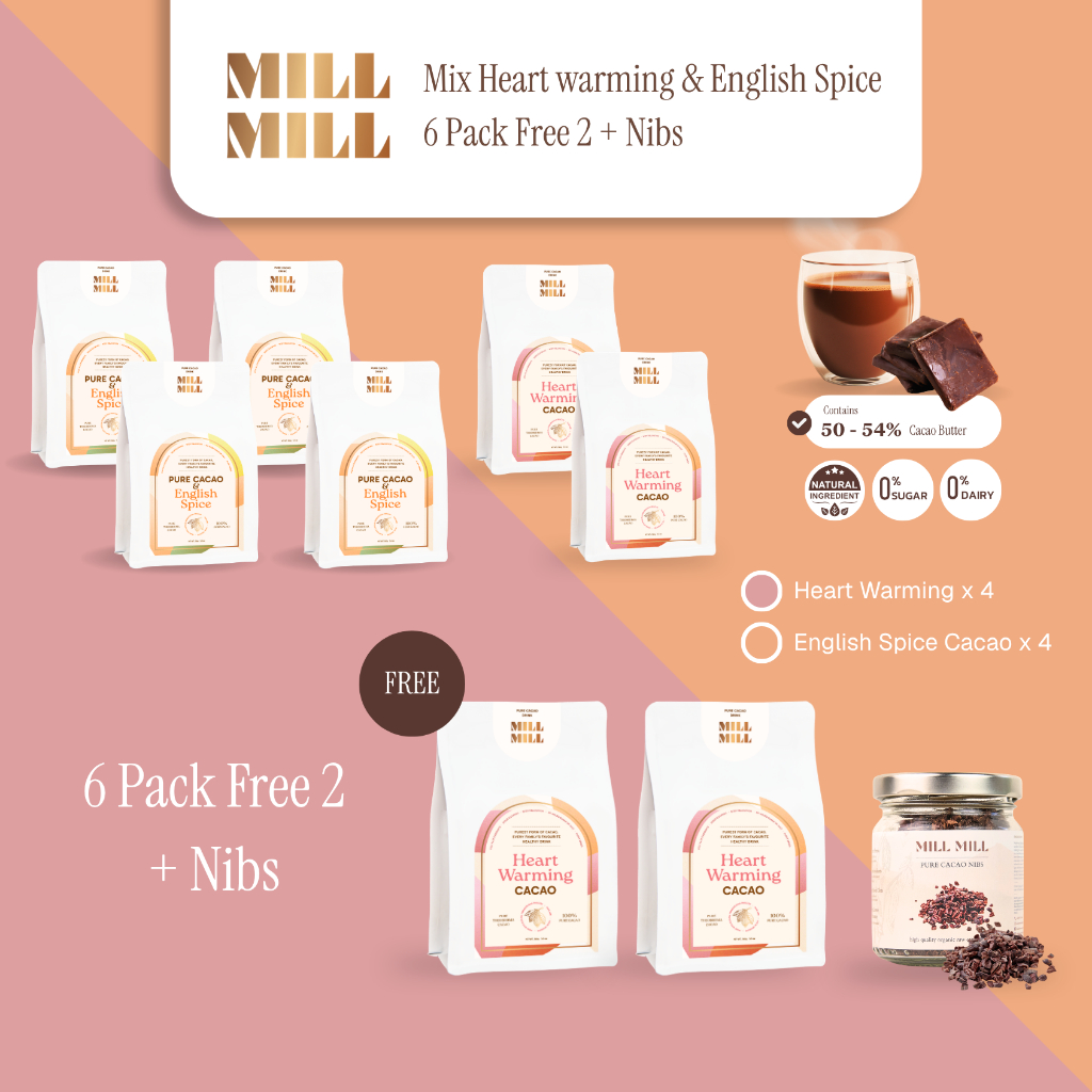 โปร 6 แพ็ก คละ Heart warm + English Spice Mill Mill Pure Cacao  คาเคาบริสุทธิ์ 100% cocoa คาเคา แมส 