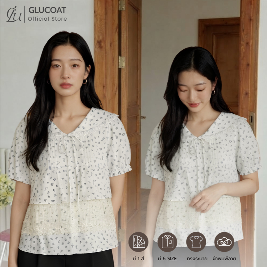 Glucoat | [A660] เสื้อแขนจั๊มคอปก พิมพ์ลายดอกไม้ พร้อมเชือกผูกโบว์ ชายเสื้อระบายแต่งเทปฉลุ
