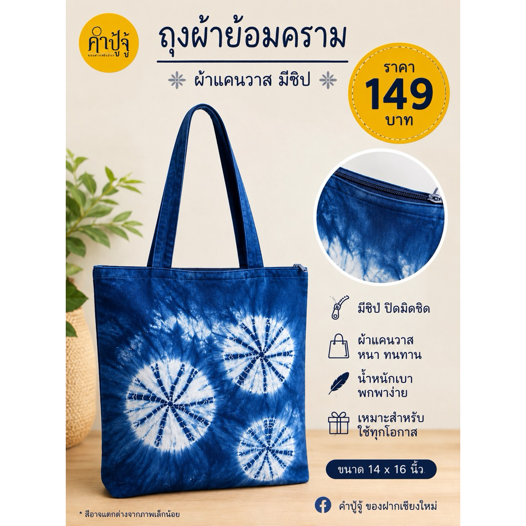 ถุงผ้าย้อมคราม มีซิป ผ้าแคนวาส