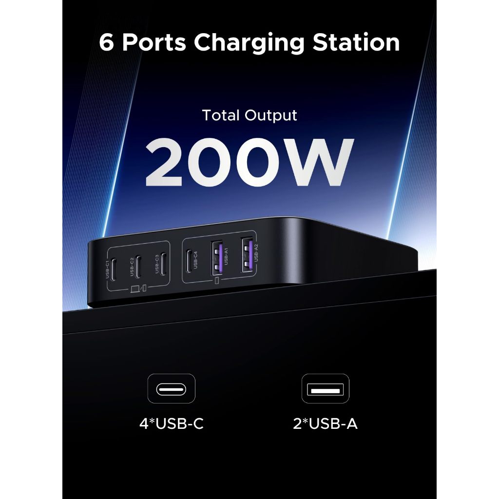 สถานีชาร์จ UGREEN Nexode 200W GaN 6 พอร์ต สำหรับโน้ตบุ๊คและสมาร์ทโฟน