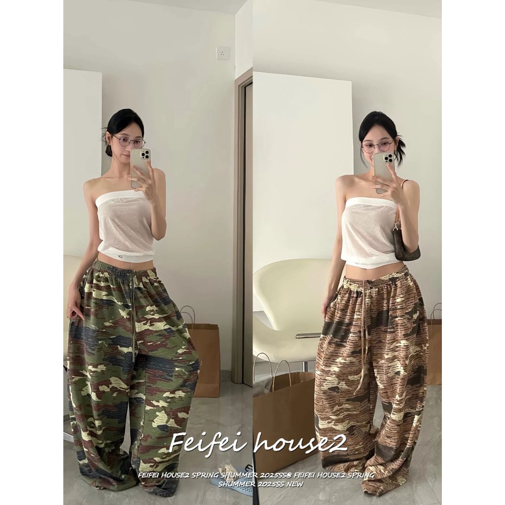 [Feifei-Color-block plaid pants]กางเกงขากว้างพรางลำลองสายรัดในเอวฤดูร้อนสไตล์อเมริกันเทรนด์