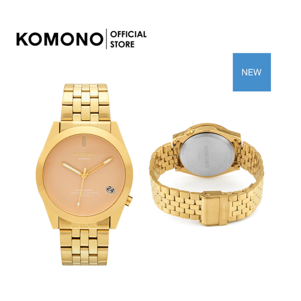 KOMONO Watch Ray Chroma Estate Gold Marshmallow นาฬิกาผู้ชาย บอกวันที่ สายโลหะ หน้าปัดสีเนื้อ วัสดุค