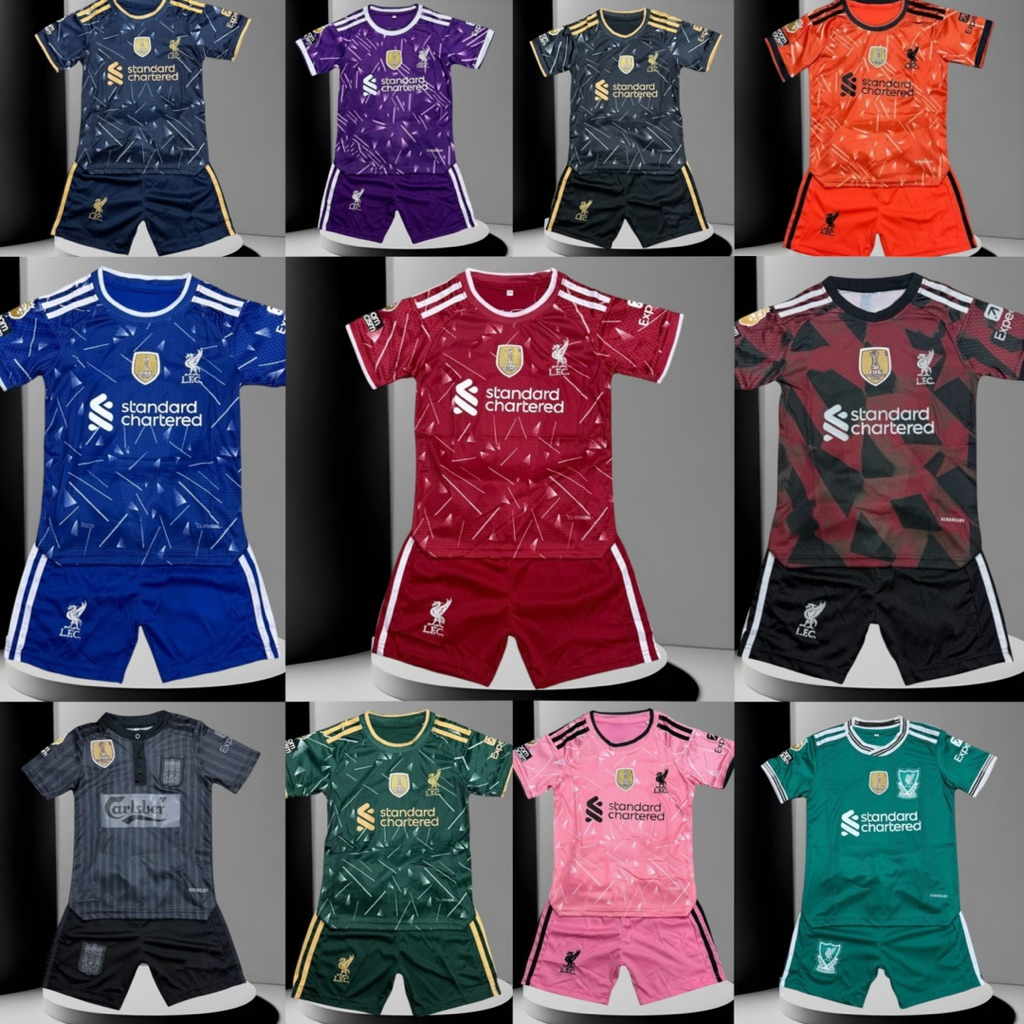 ชุดฟุตบอลเด็กลิเวอพลูชุดกีฬา 1 ชุดเสื้อพร้อมกางเกงพร้อมส่งเด็กผู้ชายเด็กผู้หญิง