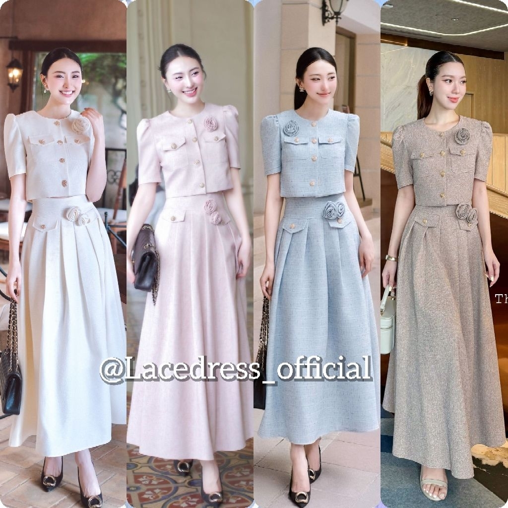 The gallery/ พร้อมส่ง ชมพู ฟ้า ครีม น้ำตาล /ชุดเซ็ตเสื้อ+กระโปรงยาว
