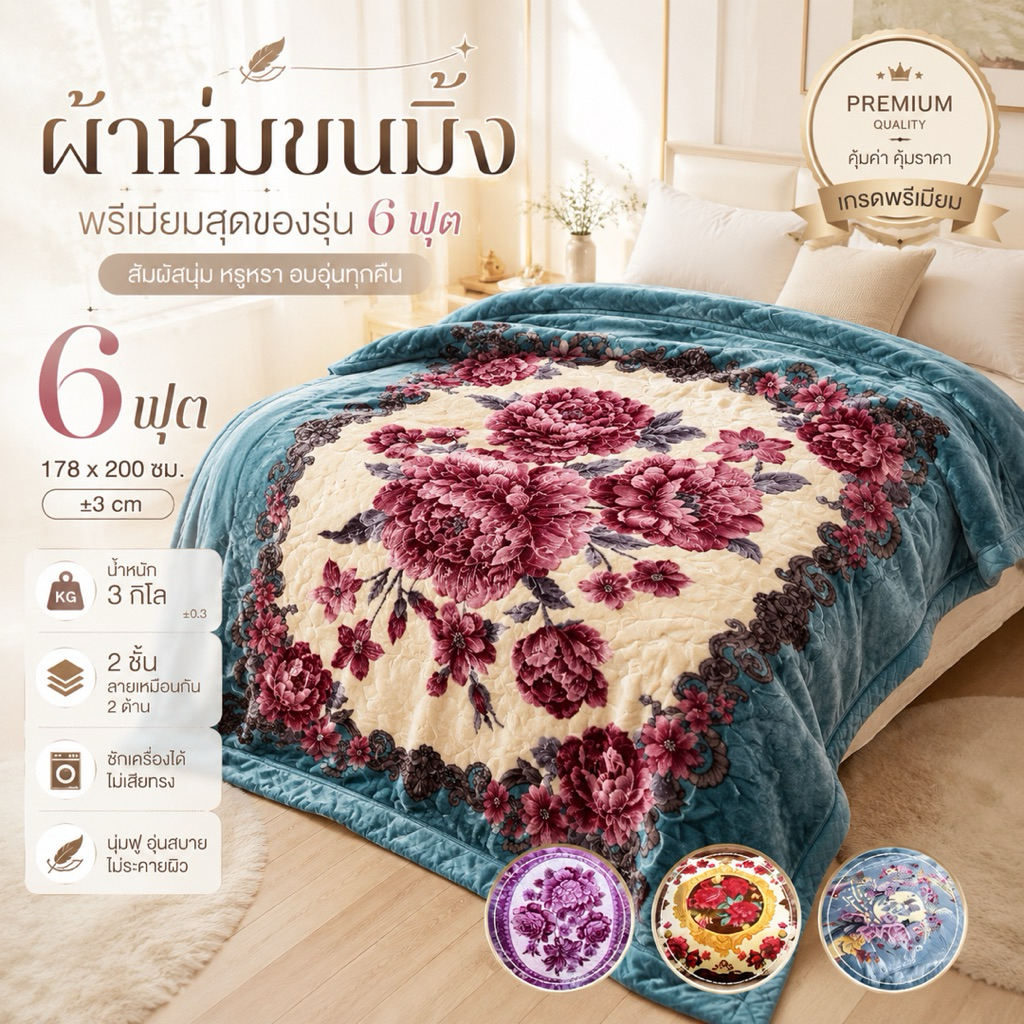 ผ้าห่มขนมิ้งค์เกาหลี 6 ฟุต 3 กก. หนา 2 ชั้น ลายพิมพ์ 2 หน้า เกรดพรีเมี่ยม นุ่มพิเศษ อุ่น ห่มสบาย ซักเครื่องได้