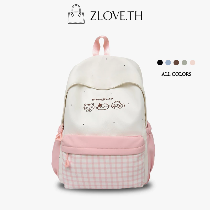 ZLOVE กระเป๋าเป้นักเรียนสาว การ์ตูนแมว ลายตาราง กันน้ำหลายช่องใส่ของ สไตล์มินิมอล 5 เฉดสี