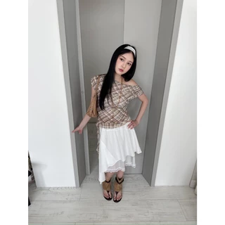 Choosedress A2048 Butterscotch Top เสื้อยืดปาดไหล่ลายสก๊อต