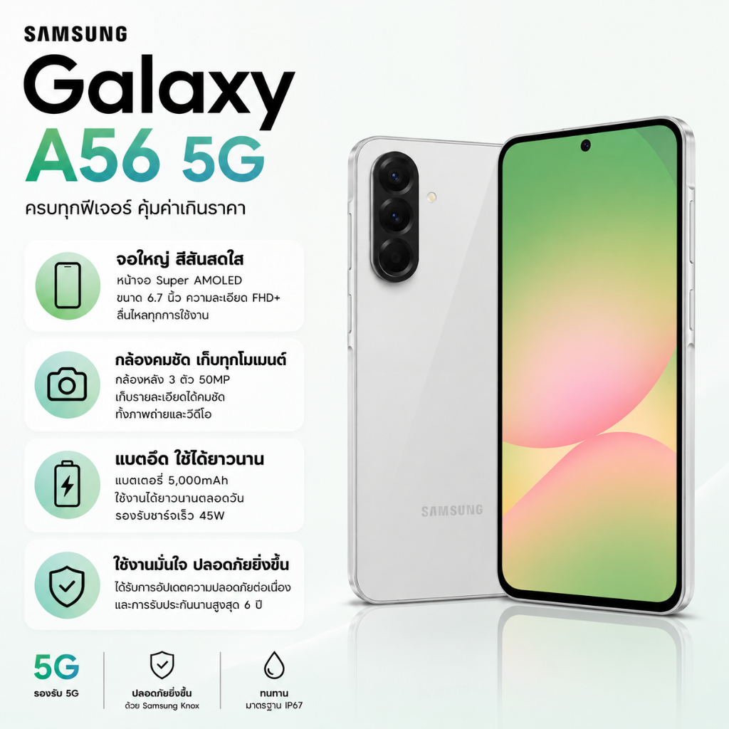 [ ขายดี🔥 ] Samsung A56 5G (12+256GB) มาพร้อมหน้าจอ 6.7 นิ้ว แบตเตอรี่ 5000 mAh + รองรับการชาร์จเร็ว 45W กล้อง 50MP