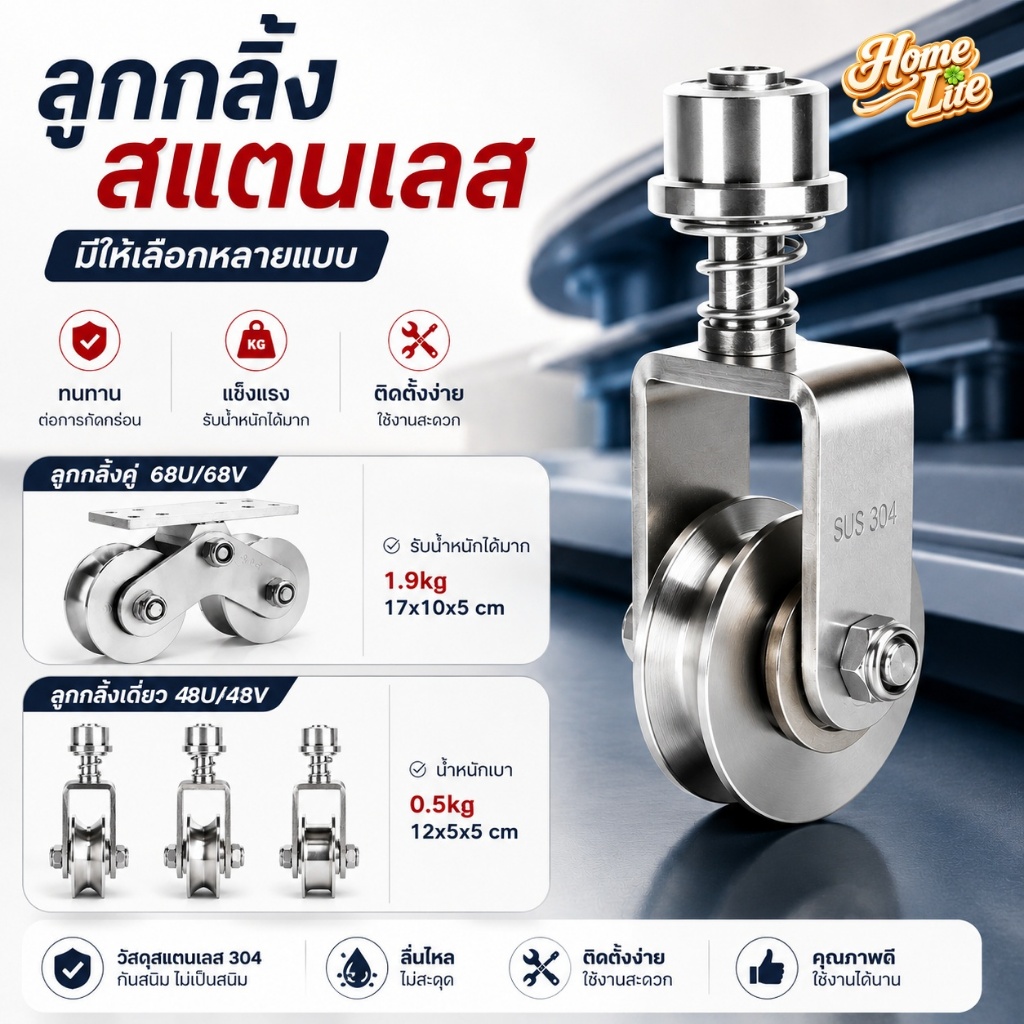 ล้อสปริง สแตนเลส 304 หมุน 360 องศา ล้อประตู สำหรับประตูบ้าน ประตูโค้ง ประตูพับ ราคา 1 ลูก