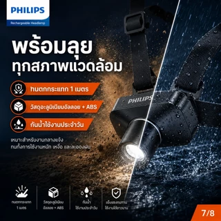 PHILIPS ไฟฉายคาดศีรษะLED 2000LM ซูมปรับได้ 5 โหมด ชาร์จ Type-C กันน้ำ แบต 1800mAh Headlamp SFL3347RS/93