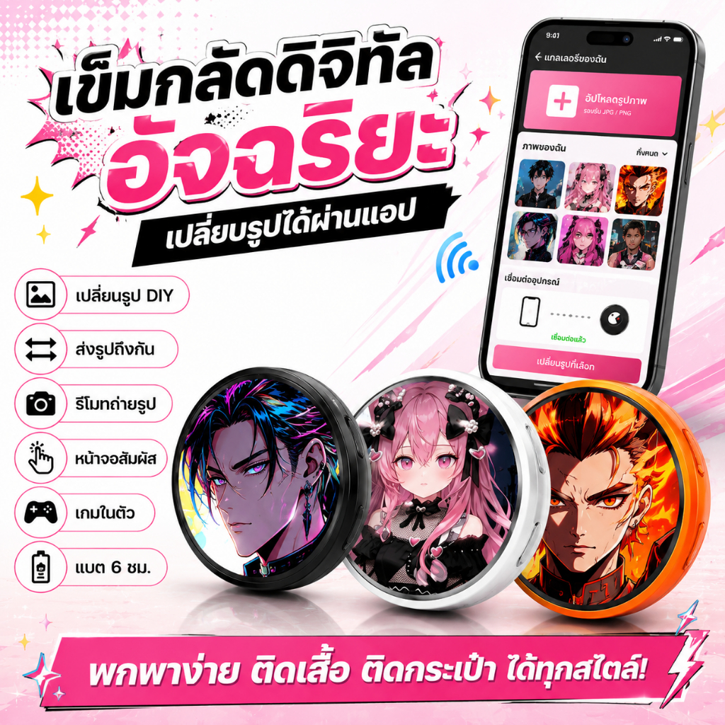 ใหม่BW03 e-Badge สมาร์ทแบดจ์ดิจิตอล หน้าจอ LED แสดงภาพ จอเปลี่ยนรูปได้ พกพาสะดวก ตกแต่งกระเป๋า เสื้อผ้า เป็นของขวัญได้