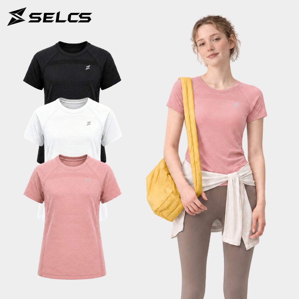 SELCS เสื้อยืดออกกำลังกายผู้หญิง ผ้าลายริ้วไร้ตะเข็บ ดูดซับเหงื่อ ระบายอากาศ เหมาะโยคะ วิ่ง ฟิตเนส มี 3 สี ดำ ขาว ชมพู