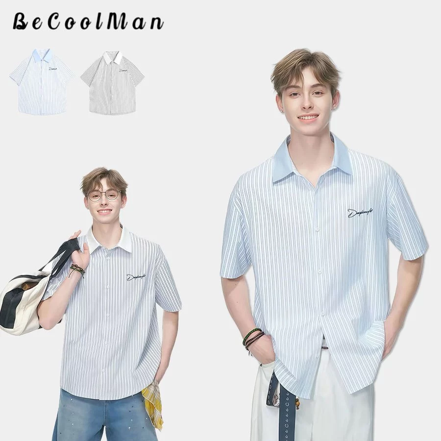 💥BecoolMan💥สไตล์อเมริกัน ปลอมสองชิ้น เสื้อเชิ้ต ฤดูร้อน แขนสั้น รุ่นคู่รัก หลวมสบาย ลายเส้นสีตัดกัน สไตล์นักศึกษา
